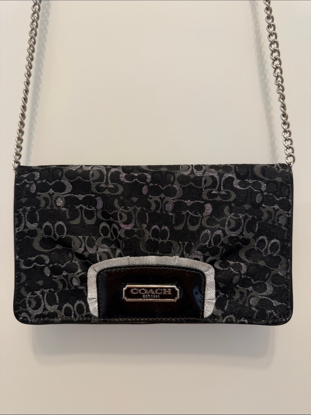 Coach Black Signature Jacquard Chain Mini Snap Clutch Crossbody with Silver Trim
